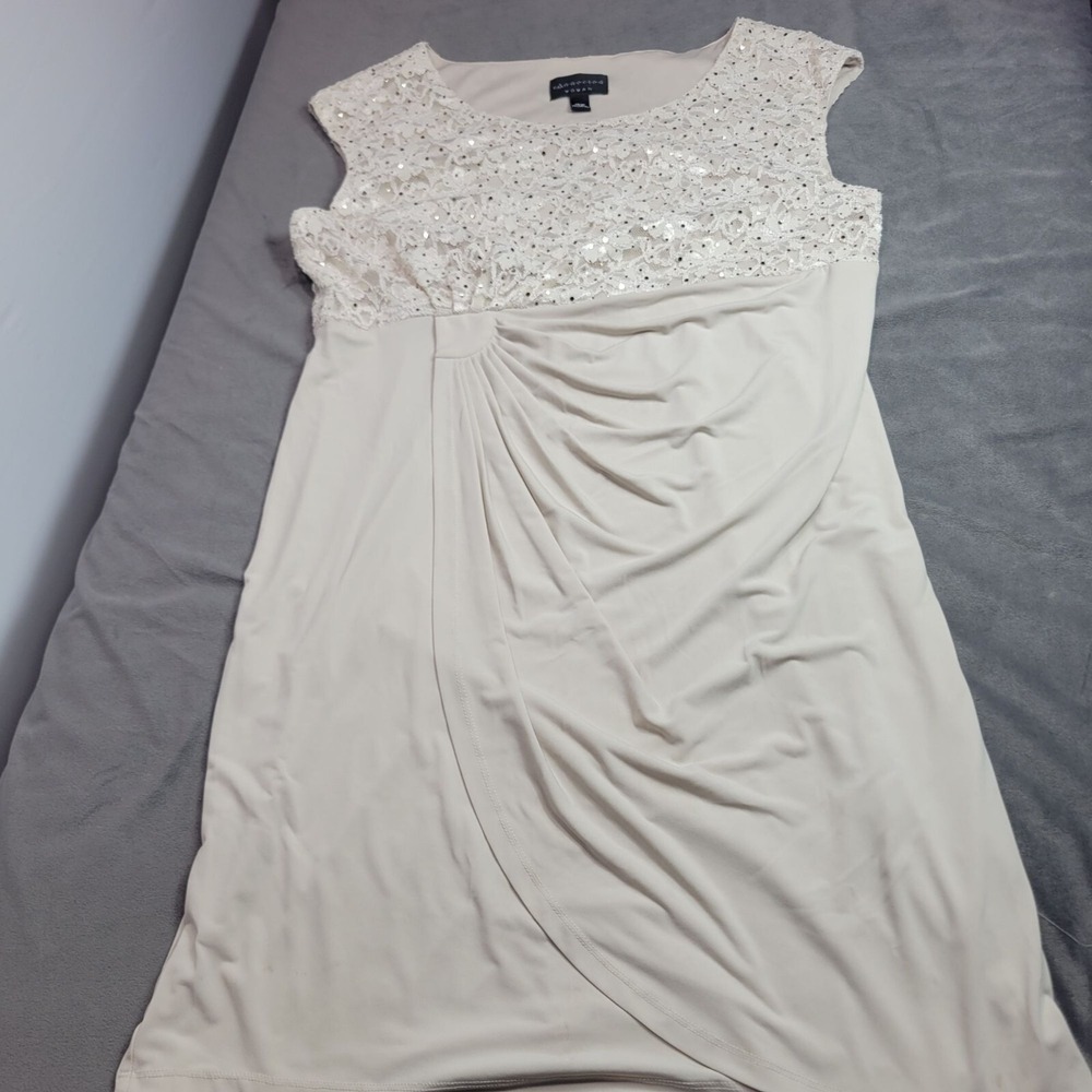 Connected Womans Size 18W Beige Sequin Lace Top Dress With Draped Skirt